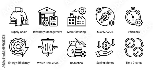 Industrial-focused icon set for operations,logistics,and efficiency improvement.Ideal for manufacturing,lean management,and process optimization projects.
