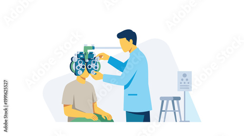 A professional eye doctor uses a complex phoropter machine to conduct a vision test for a male patient in a bright optometry clinic with soft blue and gray tones.