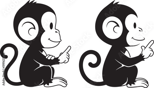 Two cartoon monkeys sitting and pointing black and white illustration digital art white background line art graphic resource illustration pointing character silhouette creative wildlife