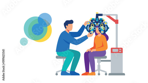 A skilled optometrist uses a colorful phoropter device to perform a comprehensive eye examination for a female patient in a vibrant setting with bright colors.