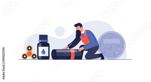 A bearded man in a blue sweater kneels on the floor while organizing a black yoga mat next to a bottle of essential oil in a soft and calming purple environment.