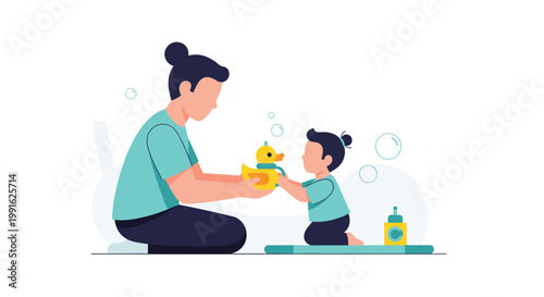 A caring mother in a teal shirt gently plays with her young child using a vibrant yellow rubber duck during a peaceful bath time session at her home.
