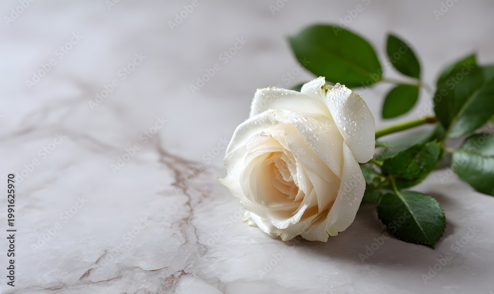 Fototapeta premium a white rose with dew on a background of gray marble, with copy space for text on the right side and a blank
