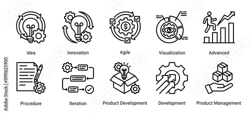 Creative icon set representing innovation,development processes,and agile methodologies for modern business and digital projects.