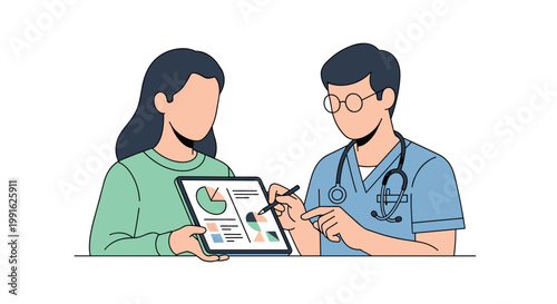 A professional doctor in blue scrubs uses a digital tablet to explain complex medical charts and data to a patient in a green shirt in a clean office.