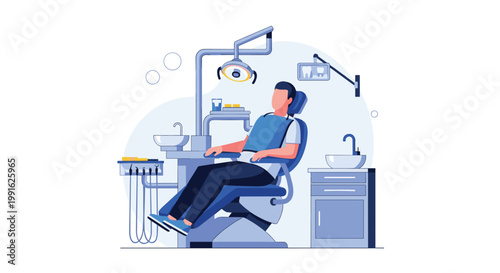 A patient sits comfortably in a specialized blue dental chair while waiting for a checkup under a bright professional examination lamp in a clinic.