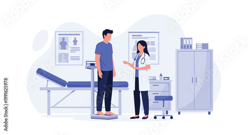 A male patient stands on a professional medical scale while a female doctor in a white coat records his weight in a bright and clean medical clinic.