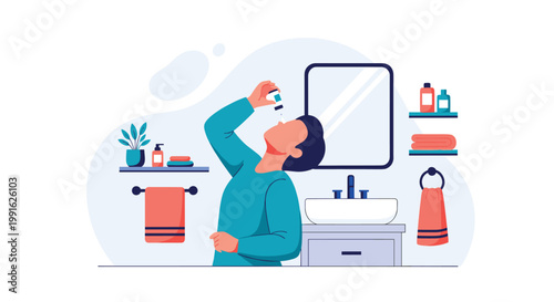 A man wearing a teal shirt stands in a bright bathroom and carefully applies medicated eye drops to relieve irritation or dryness in his tired eyes.