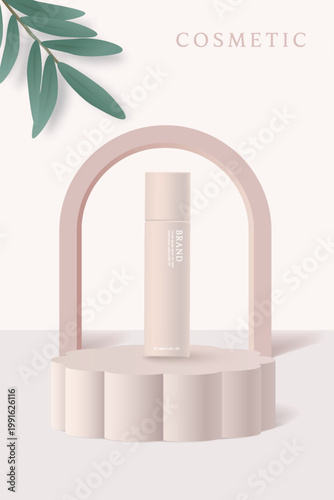 Cosmetics and skin care product ads template on beige geometrical  background.