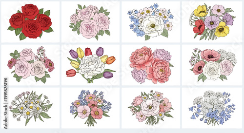Floral Bouquet Icons, Flower Arrangements, Vector Illustrations, 12 Decorative Elements