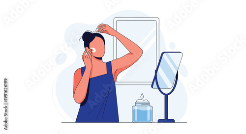 A woman wearing a dark blue top stands in front of a mirror and gently applies a white moisturizing cream to her face during her daily beauty routine.