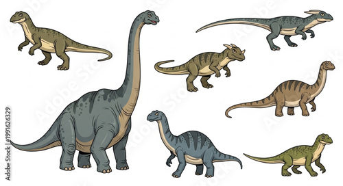 Collection of Diverse Prehistoric Dinosaurs in Various Poses.