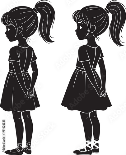 Two black silhouette girls in dresses one facing left with black and white ballet shoes full body little girl silhouette standing isolated minimalist childhood innocence innocent side view
