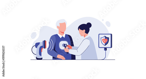 A professional female doctor in a white coat uses a high-tech handheld scanner to examine the heart function of a senior male patient in a clinic.