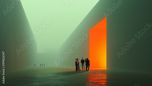 Group of people entering glowing doorway in large futuristic architecture. Concept of digital installations, tech environments, collaborative exploration, and immersive future experience spaces.