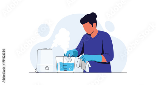 A person wearing bright blue safety gloves carefully wipes down the interior of a transparent water tank for a white steam humidifier in a clean room.