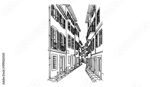 Nice old street sketch black and white vector European city urban line art illustration France
