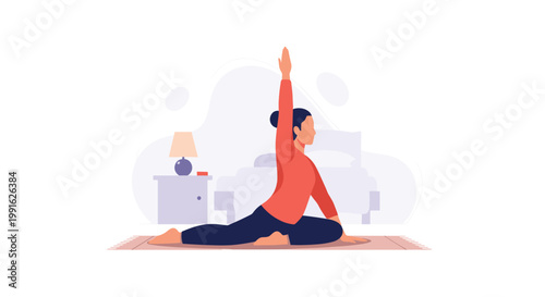 A flexible woman wearing a vibrant red shirt practices a deep pigeon yoga pose on a soft pink mat in her cozy bedroom during a relaxing evening session.