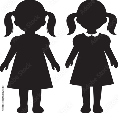 Two black silhouette little girls in dresses with pigtails standing little girl black and white silhouette pigtails standing illustration childhood innocence minimalist character clothing