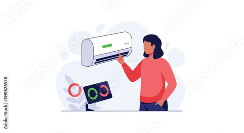 A woman wearing a bright red shirt adjusts a white wall-mounted air conditioning unit while monitoring energy usage data on a digital tablet screen.