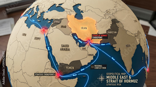 global geopolitical map middle east globe showing iran strait hormuz strategic maritime chokepoints international oil shipping transport routes conflict risk zone visualization