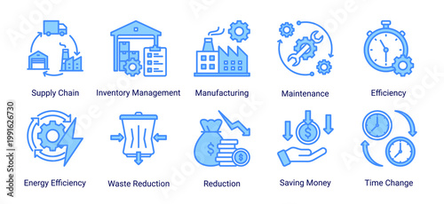 Industrial-focused icon set for operations,logistics,and efficiency improvement.Ideal for manufacturing,lean management,and process optimization projects.
