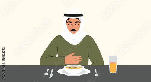A serene man wearing traditional white Arab attire sits at a dark dining table with a bowl of warm soup and a glass of orange juice in a soft beige room.