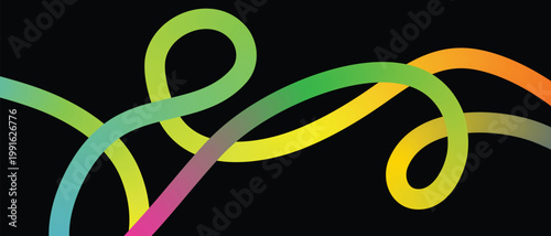 Colorful gradient ribbons twisting and turning in a creative design on a black background