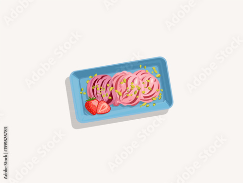 Three scoops of strawberry ice cream on blue plate with pistachio nuts and fresh strawberry