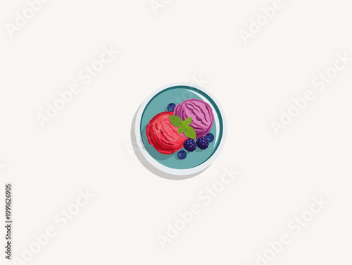 Top view of fruit sorbet scoops with blueberries, blackberries and mint leaf in a bowl