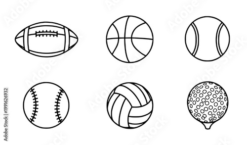 Sports ball icon vector set with football basketball tennis baseball and volleyball outline symbols