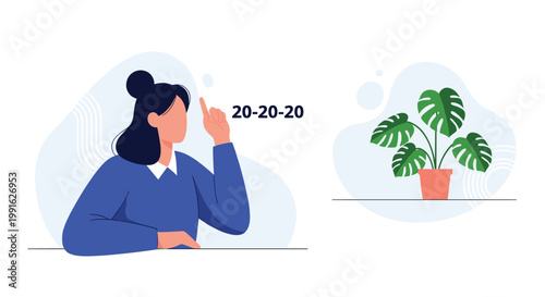 A knowledgeable woman wearing a blue sweater points toward the twenty-twenty-twenty rule text next to a lush green potted monstera plant in a soft setting.