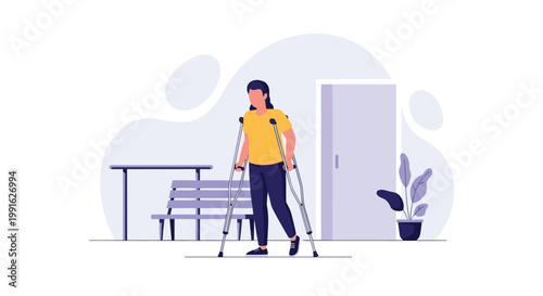 A resilient woman wearing a yellow shirt and blue pants carefully walks using two grey crutches in a minimalist room with a bench in a soft purple setting.