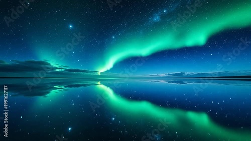 Night sky with aurora and water reflection