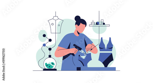 A skilled female designer meticulously crafts a blue swimsuit using a precision heat tool in a modern studio filled with creative fashion equipment.