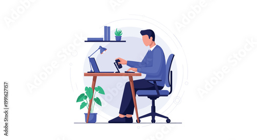 A professional man works efficiently at a wooden desk using a laptop and a smartphone while sitting comfortably in a blue ergonomic office chair at home.