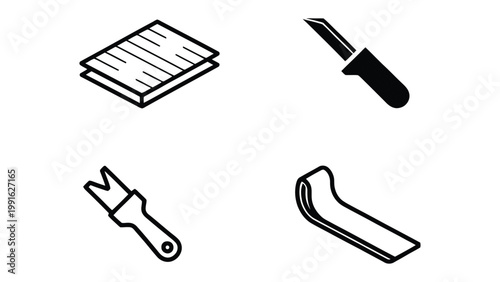 Flooring tools graphic: A graphic displaying essential tools required for installing flooring. Simple lines and shapes clearly depict the objects.