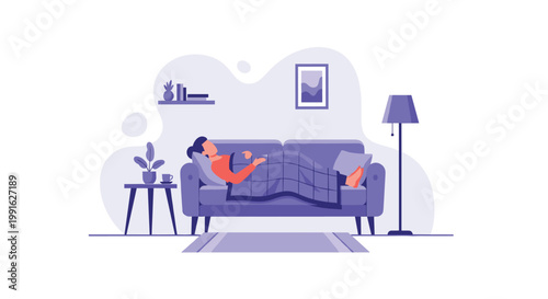 A woman sleeps soundly on a plush purple sofa while covered by a warm checkered blanket in a tranquil living room with soft lighting and decorative plants.