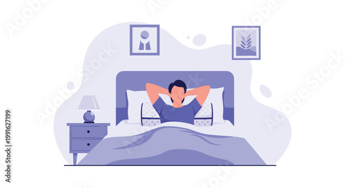 A relaxed man lies peacefully in a comfortable bed with his hands behind his head within a serene purple-toned bedroom setting during the morning.