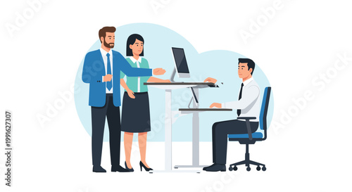 A group of professional office workers collaborate around a modern height-adjustable standing desk within a bright and productive corporate workspace environment.