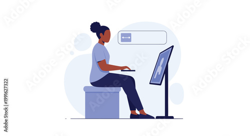 A woman sits on a soft blue cube-shaped ottoman while working intently at a large computer monitor mounted on a tall black stand in a modern workspace.