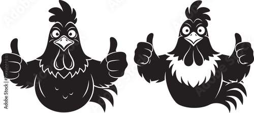 Two cartoonish black silhouette roosters giving a thumbs up with wide eyes and open beaks appearing cheerful and positive against a white background thumbs up line art thumbs up silhouette