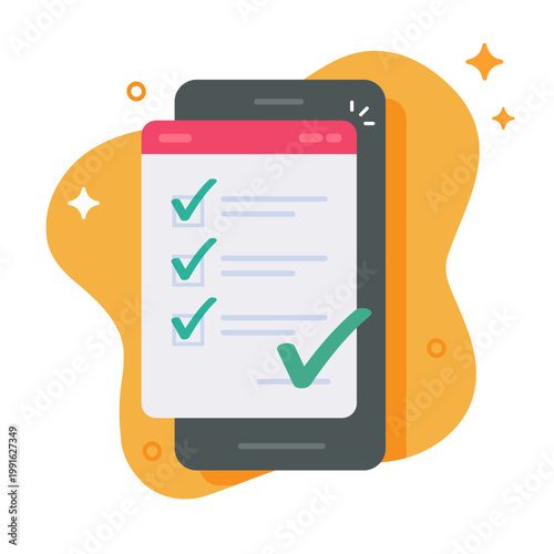 Survey exam success checklist on mobile smartphone cell phone screen icon vector modern graphic illustration, web electronic passed quality compatibility inspection quiz, test assess image clip art

