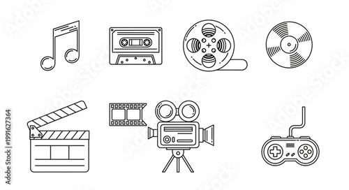 Collection of vintage audio and video recording equipment icons.