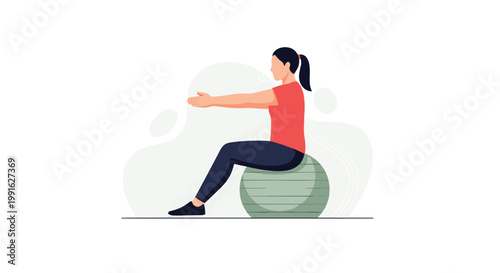 A woman in a vibrant red shirt performs a core exercise while sitting on a large green fitness ball against a soft abstract background with organic shapes.