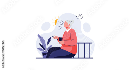 An elderly woman sits peacefully on a balcony holding a cup while enjoying the warm sun rays and fresh air during a quiet morning in her retirement home.