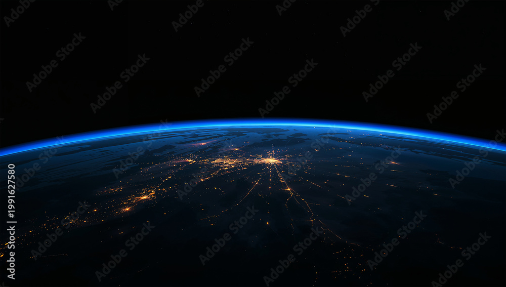 Fototapeta premium 夜の都市光が見える宇宙からの地球夜景背景写真