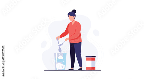 A focused woman wearing a bright red sweater meticulously measures white nutritional powder into a clear glass using two small silver spoons indoors.