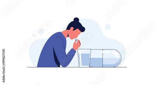 A person wearing a dark blue long-sleeved shirt takes a small medicinal pill while sitting next to a glass of water and a large symbolic capsule icon.