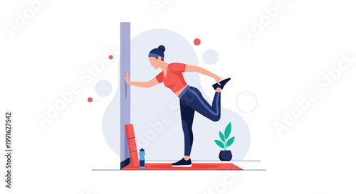 A dedicated female athlete wearing a red top and dark leggings performs a focused standing quadriceps stretch against a solid wall in a bright studio.